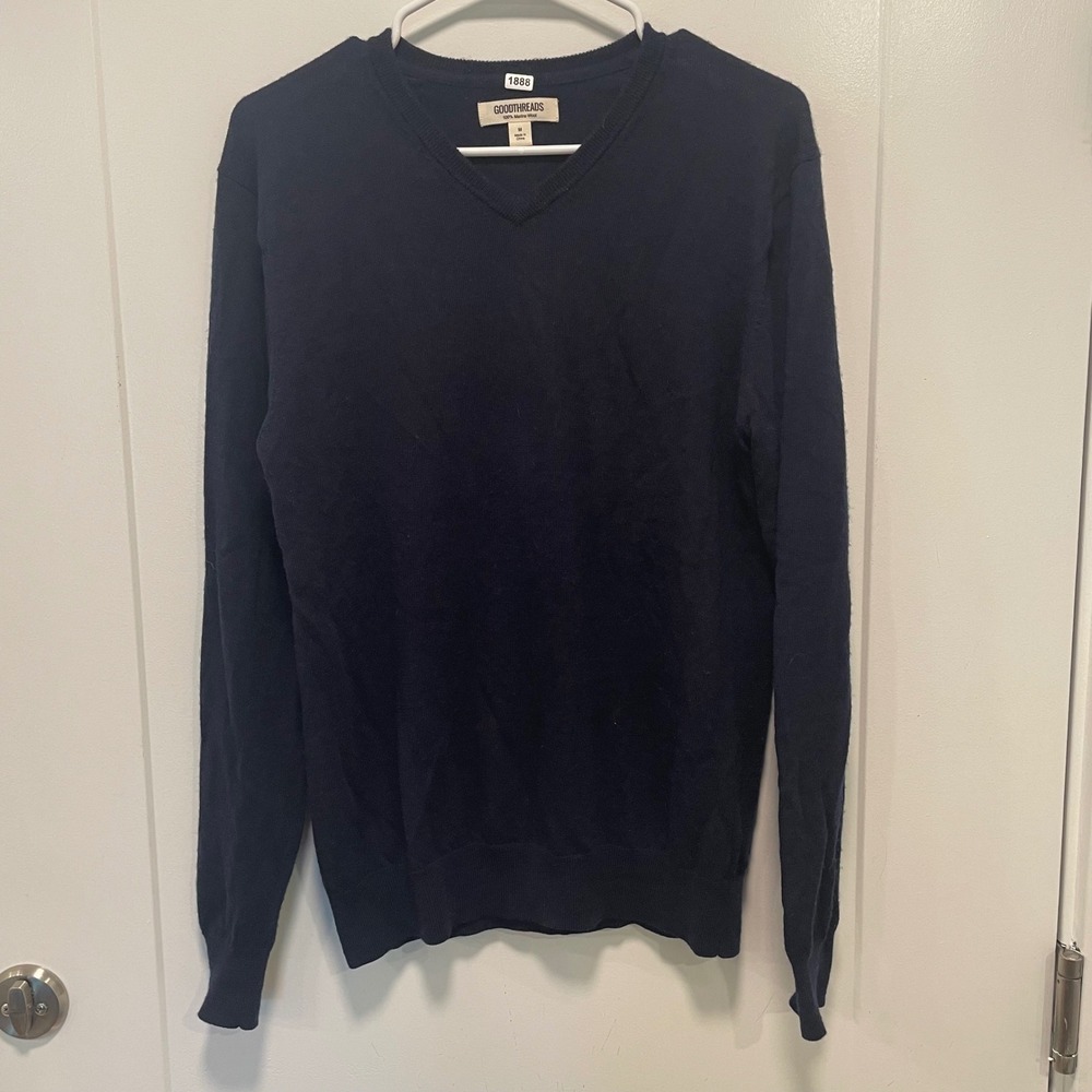 Goodthreads Mens Navy Blue 100% Merino Wool V-Neck Sweater Size M Long Sleeve